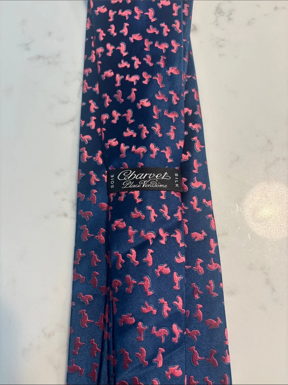 Charvet Navy Silk Tie with Pink Seahorse Motif